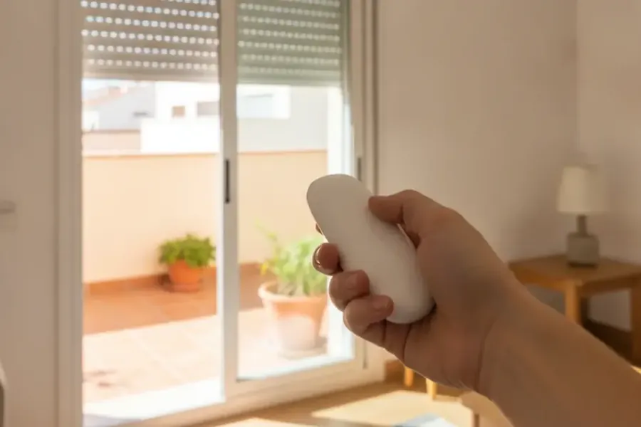 Mando a distancia de una persiana motorizada en el salón de una vivienda