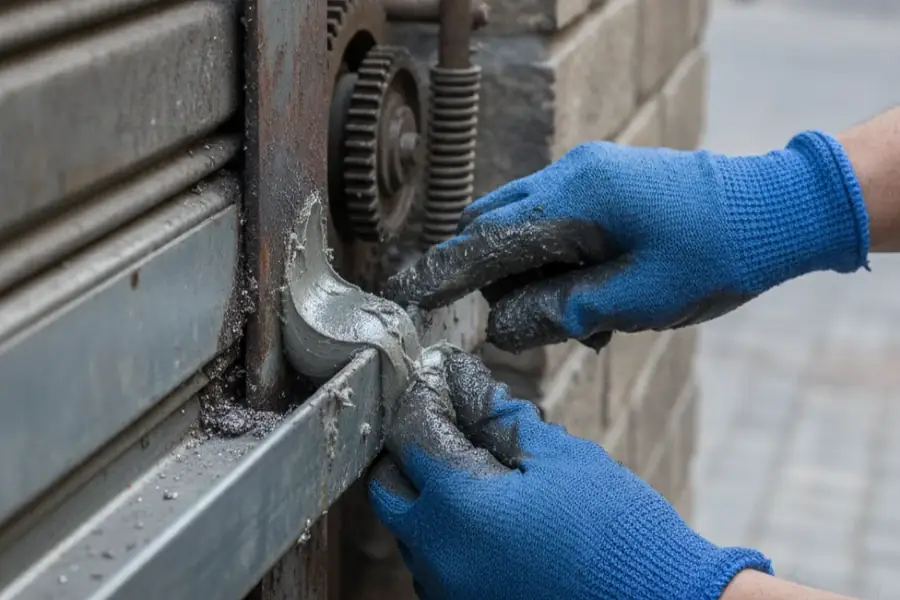Engrase de la guía lateral de un cierre metálico de local